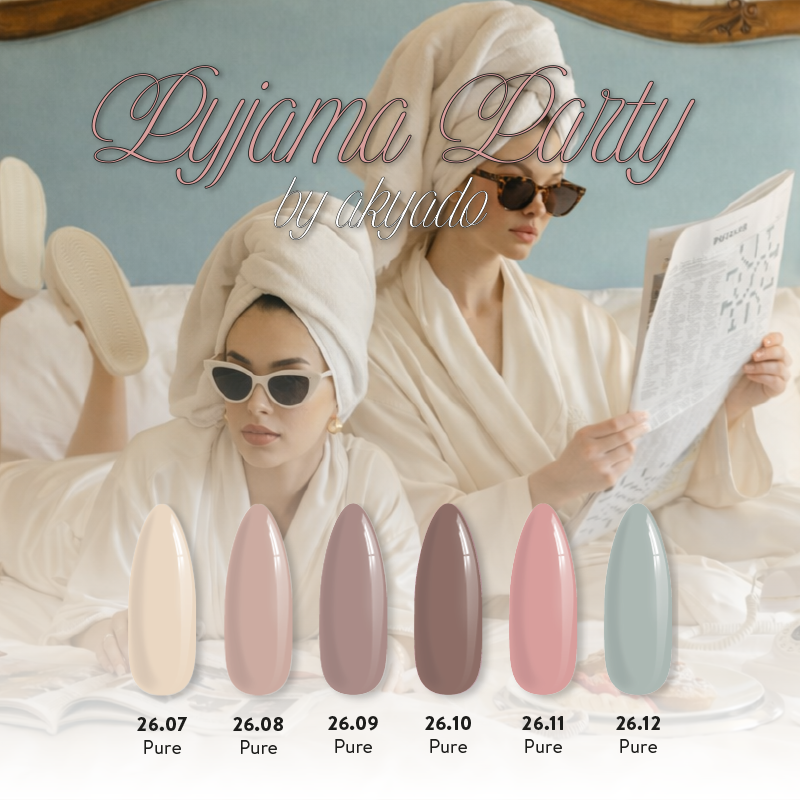 Collection Pyjama Party : 6 gel polish nude et pastel, doux, élégants et professionnels pour des poses raffinées au salon.